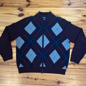 EUC Men's 100% Lambswool Argyle Zip-Up Sweater Maroon Navy Gray size Large